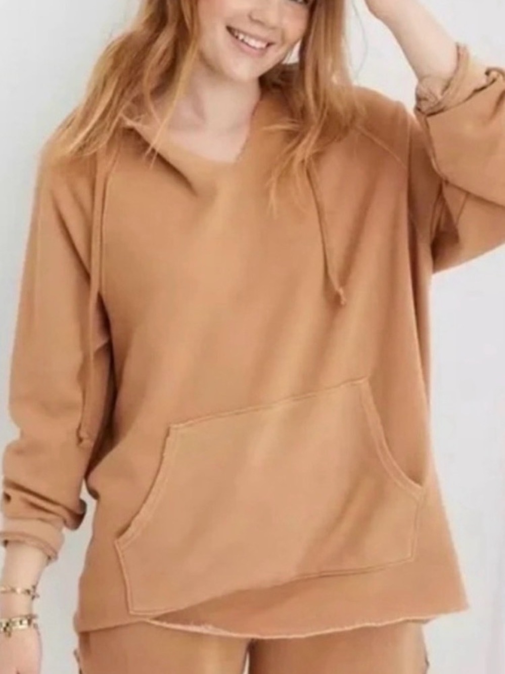 AERE Relaxed Hooded Pullover Sweatshirt - Camel Size XS